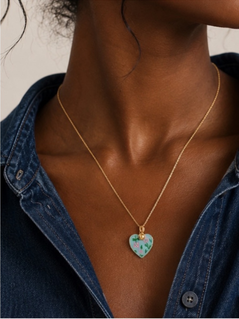 New! Gold Turquoise Flower Heart Locket Necklace NWOT (1040)
